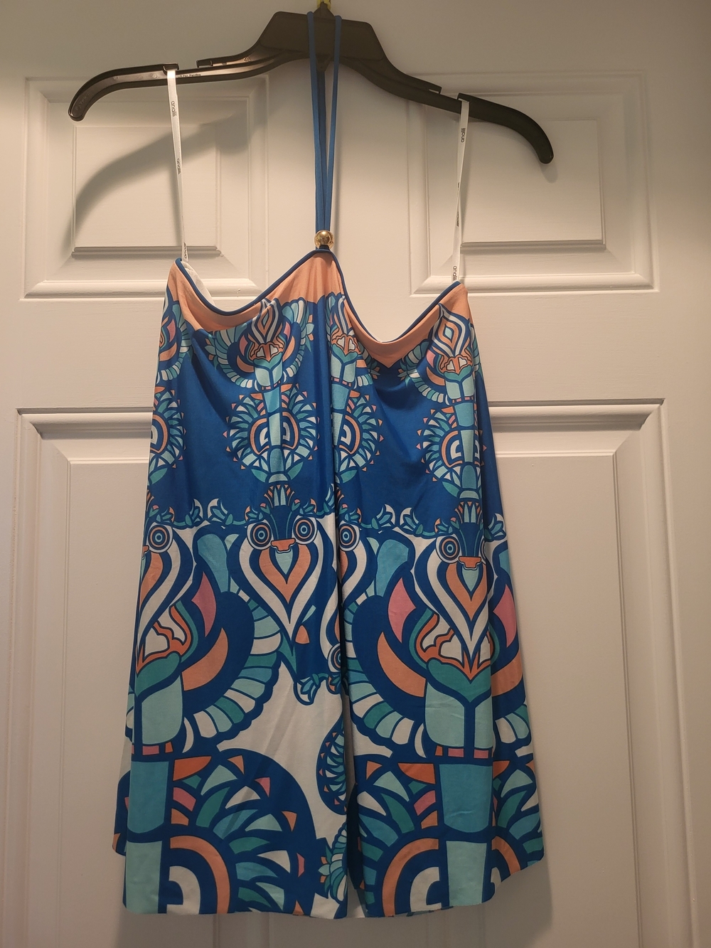 Sleeveless Top With Adjustable Tie. Built in Shelf Bra. Blue White And Coral.